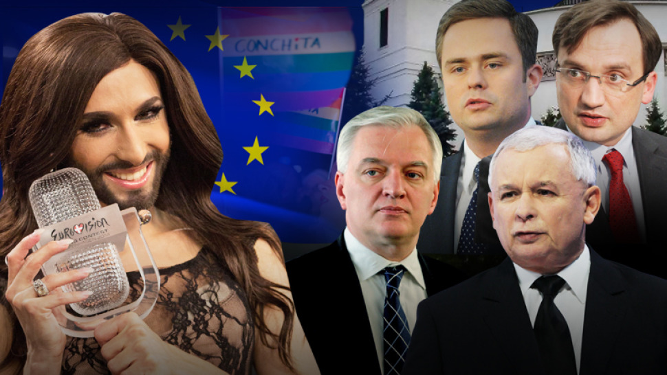 Conchita Wurst and Polish right-wing politicians: (from top-left) Adam Hoffman, Zbigniew Ziobro, Jarosław Gowin & Jarosław Kaczyński. (Image: tvn24.pl)