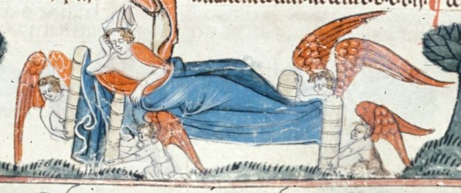 A bishop in bed. British LIbrary: Royal 10 E IV, f. 241