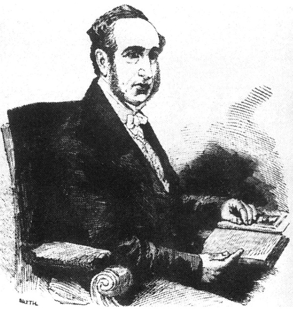 Black and white sketch of Isaac Baker Brown sitting in chair with open book on lap. Dressed in dark coat with white bow tie. Beard and balding head.