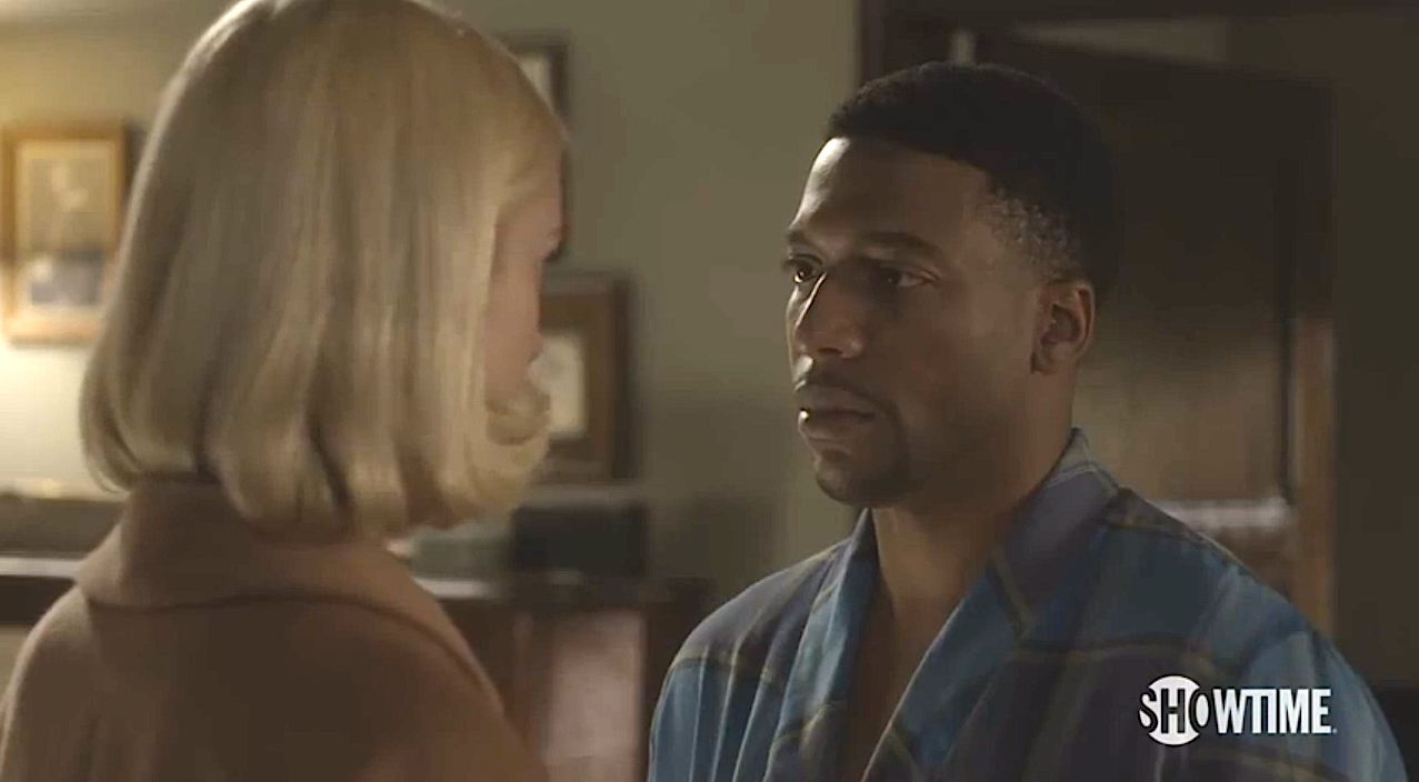 Libby Masters (Caitlin Fitzgerald) and Robert Franklin (Jocko Sims) address their mutual attraction in season 2, episode 12 of Masters of Sex
