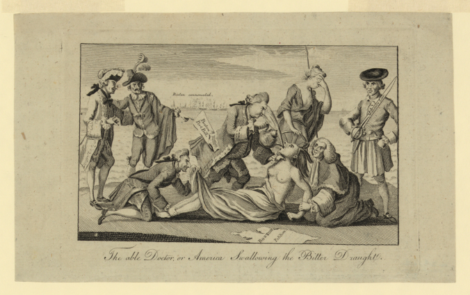 This 1774 London cartoon, “The able doctor, or, America swallowing the bitter draught,” shows the British prime minister forcing tea down the throat of America, who is depicted as a half-naked Indian woman, while other British Cabinet members forcibly restrain her. Library of Congress Prints and Photographs Division.