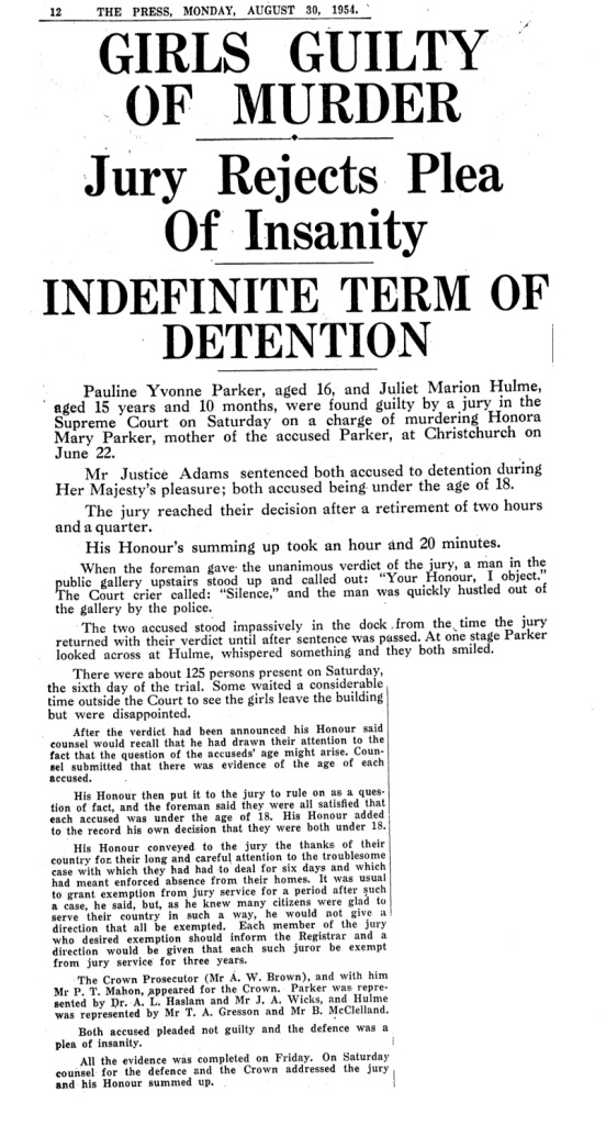 "Girls Guilty of Murder", The Press, 30 August 1954, 12.