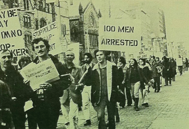 Demonstrators in front of the Boston Public Library protesting the police crackdown on cruising in the library's restroom. David Brill, “Demonstration Protests Arrests in Library,” Gay Community News, April 15, 1978.