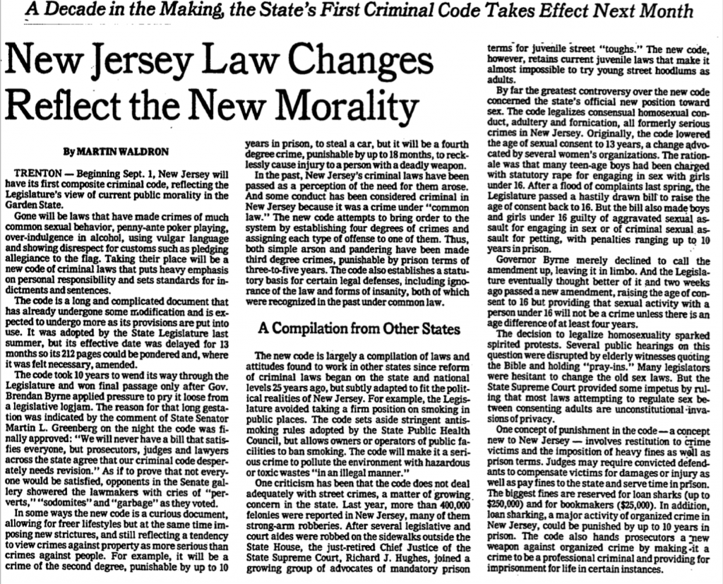 In 1978–79, the New Jersey legislature almost lowered the age of consent in the state to 13. New York Times, August 12, 1979.