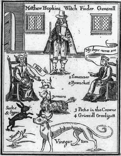 Image 1: Matthew Hopkins, The discovery of witches (1648). This picture shows two witches calling their familiar spirits by name. In the middle is Matthew Hopkins the witch-finder who identified witches across East Anglia. (Wikimedia Commons)