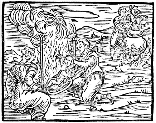 Francesco Guazzo, Compendium Maleficarum (1608). In the bottom left, the witches are roasting a child while in the top right they are preparing to boil an infant.