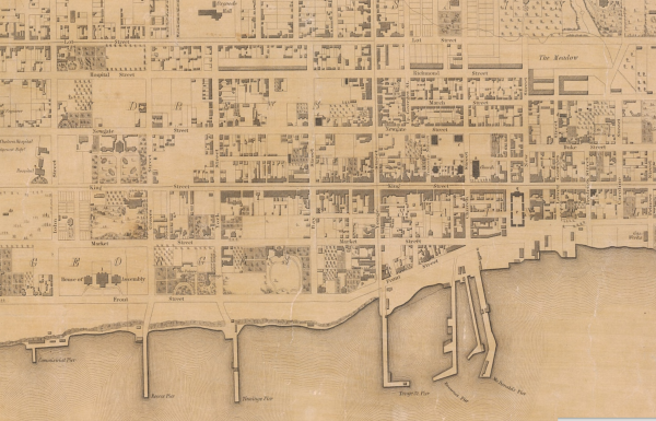 Extract of Topographical plan of the city and liberties of Toronto in the Province of Canada. Surveyed, drawn and published by James Cane, 1842. Toronto Reference Library, Baldwin Collection, T1842/4Mlrg c1. 