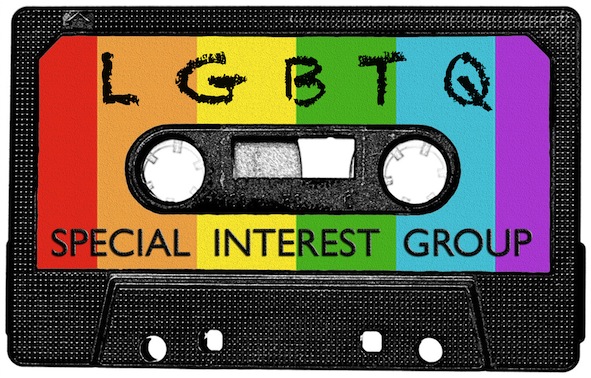 Cassette tape with rainbow label, reads 'LGBTQ Special Interest Group'