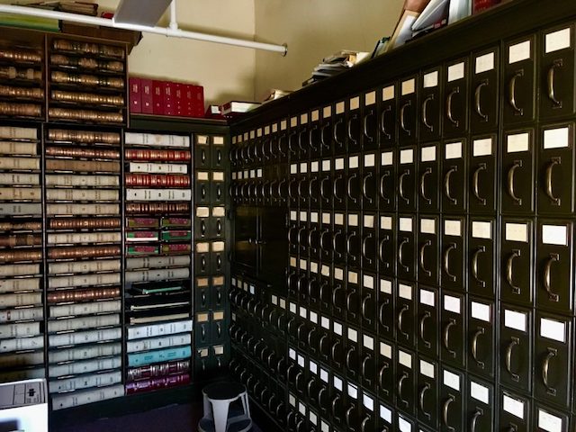 Court dockets and journals (left) and drawers of case files (right). Vault of the Pawnee County District Court, Pawnee County Courthouse. Pawnee City, Nebraska.