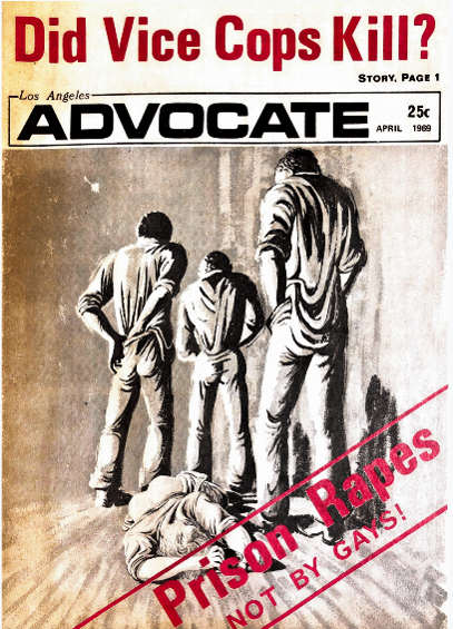 Magazine cover with sketch in sepia tones. Sketch shows three men standing with backs to the viewer. They are tucking in their shirts and doing up their trousers. Behind them a man lies on the floor having been attacked. A strapline reads 'Prison Rapes: Not by Gays!'