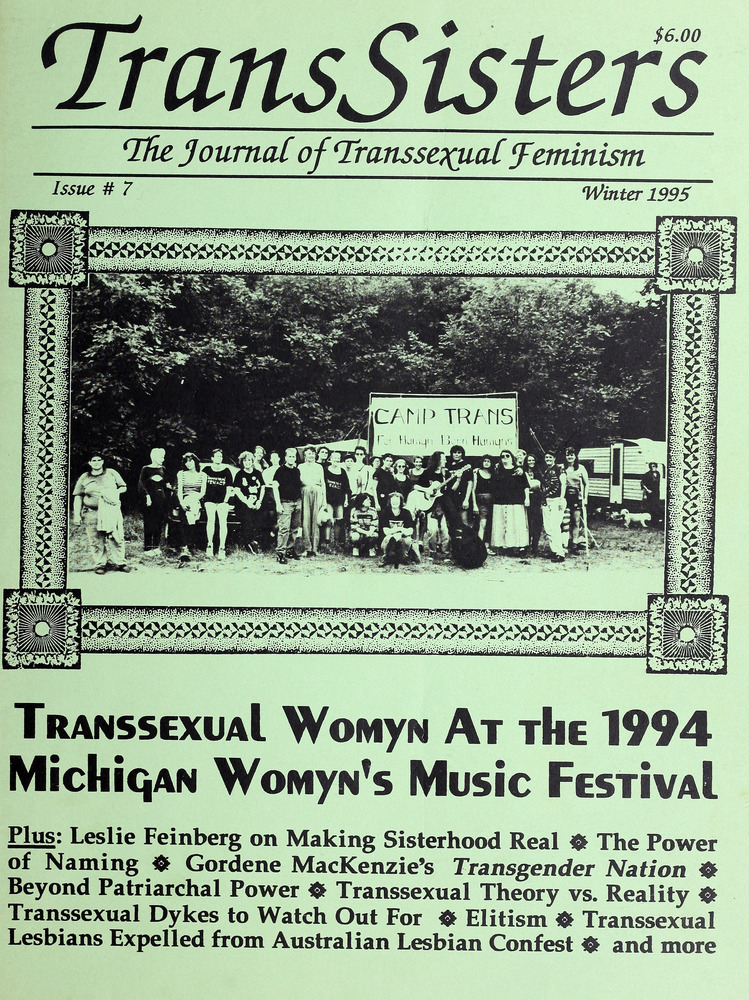 DIY style magazine cover with feature image of group photograph. Group hold a banner saying 'Camp Trans'. Headline reads 'Transsexual Womyn at the 1994 Michigan Womyn's Festival'