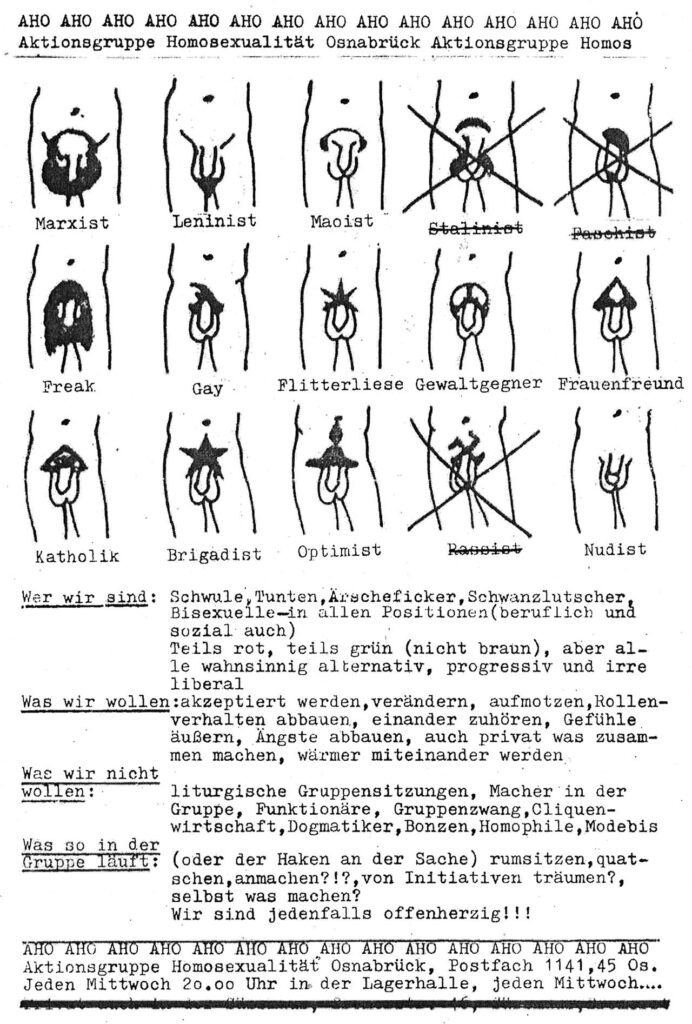 A set of line drawings comically depicting various pubic hairstyles. Captions and descriptions are in German.