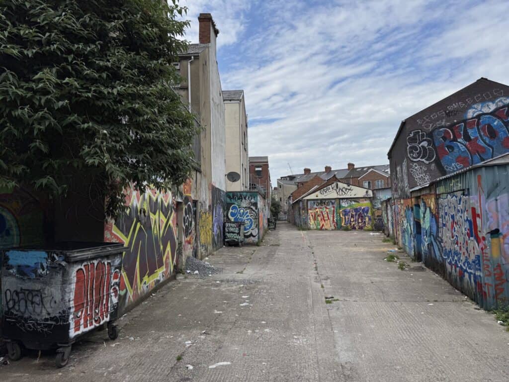 Graffiti on buildings and bins surrounds an alleyway.