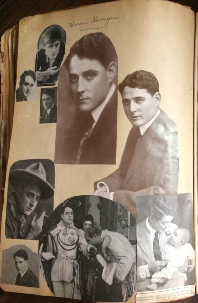 A yellowed page in a scrapbook pasted with clipped photographs of a man. The page is titled Warren Kerrigan, American.